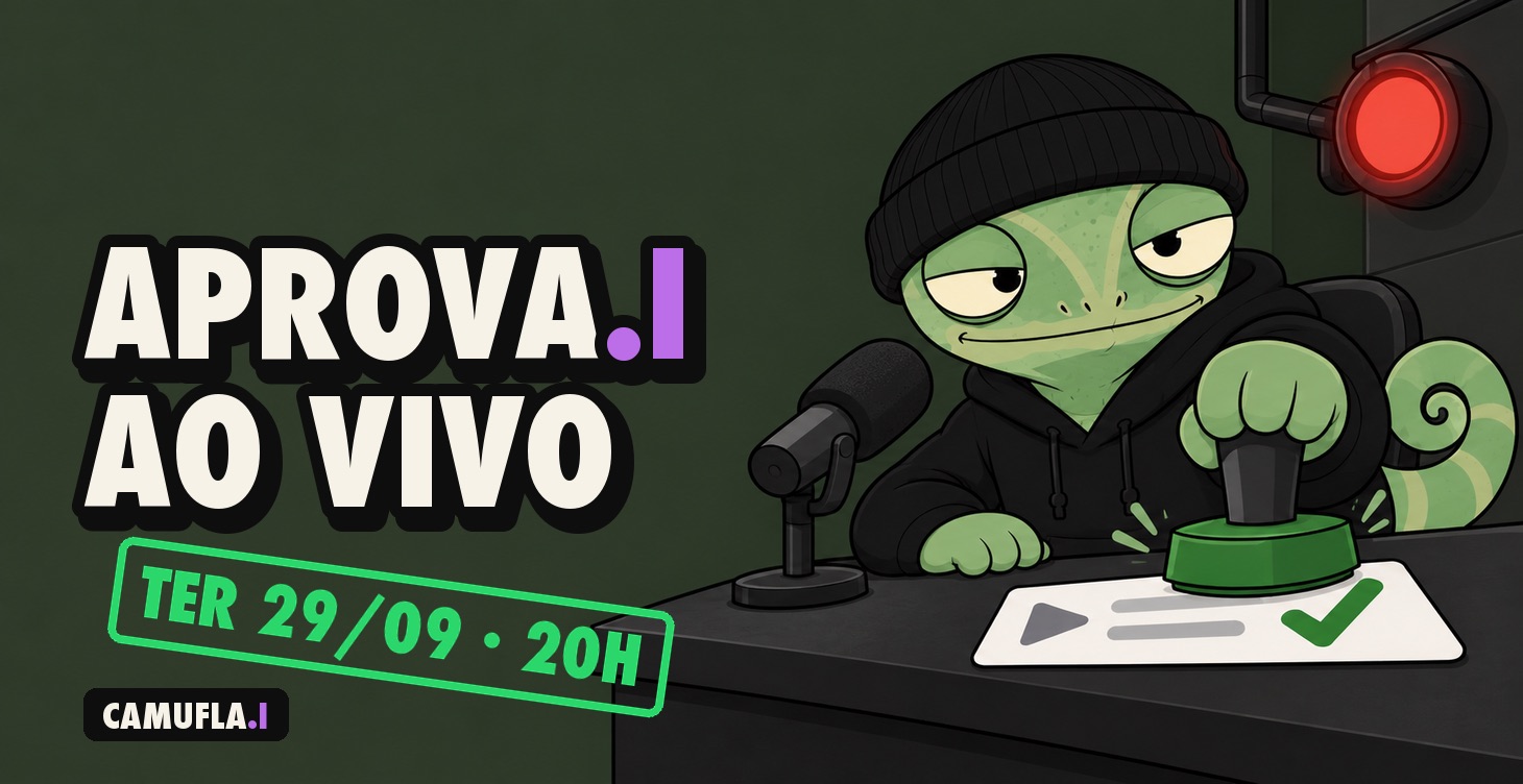 O Camaleão de gorro preto apertando o carimbo verde de aprovado. Texto: APROVA.I ao vivo, terça 29/09, 20h.